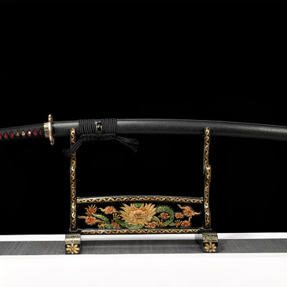 Crimson thunder katana complete set with black glossy saya, black-and-red handle, gold fittings, and black-gold display stand