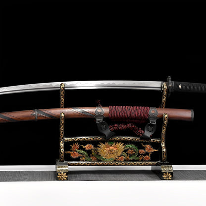 Damascus katana with natural rosewood dragon saya, black handle, gold diamond tsuba badge, and display stand