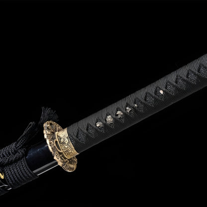 Forest mountain katana complete set with brown saya, black gold-dragon saya, black handle, twisted sageo, and wooden display stand