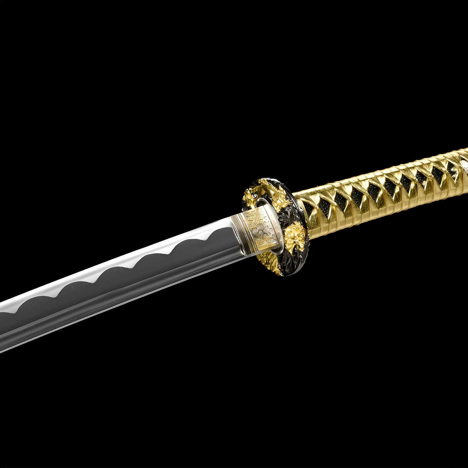 Gold and black katana complete set with kintsugi-crackle saya, gold handle, gold sageo, and black-gold display stand