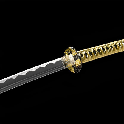Gold and black katana complete set with kintsugi-crackle saya, gold handle, gold sageo, and black-gold display stand