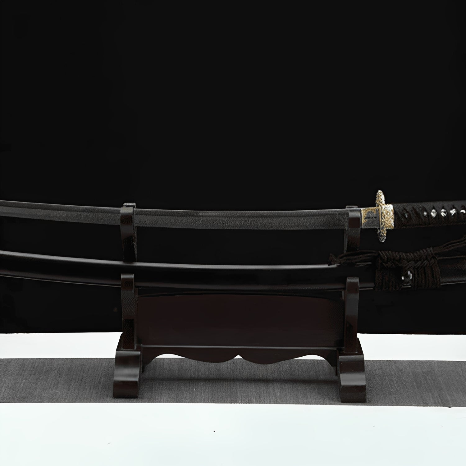 Golden dragon katana complete set with black saya, black handle with genuine rayskin, and simple black stand