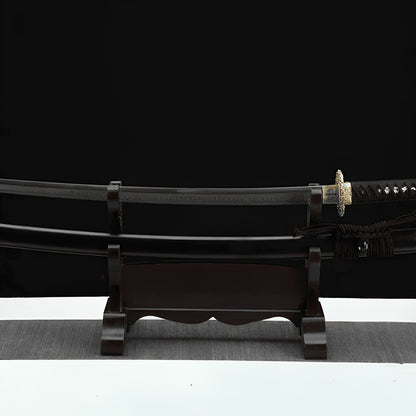Golden dragon katana complete set with black saya, black handle with genuine rayskin, and simple black stand