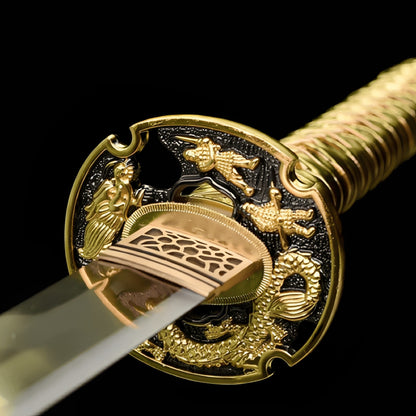 Golden dragon katana complete set with relief-carved saya, gold handle, gold-black sageo, and black display stand with dragon medallion