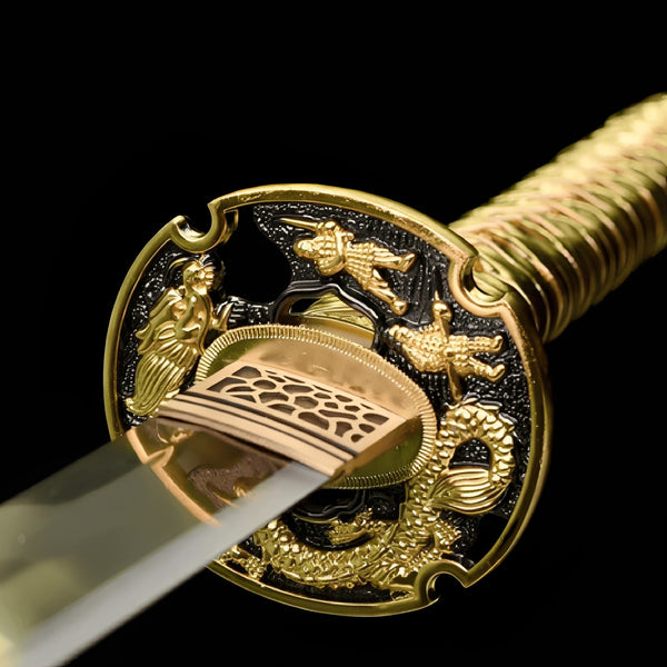 Golden dragon katana complete set with relief-carved saya, gold handle, gold-black sageo, and black display stand with dragon medallion