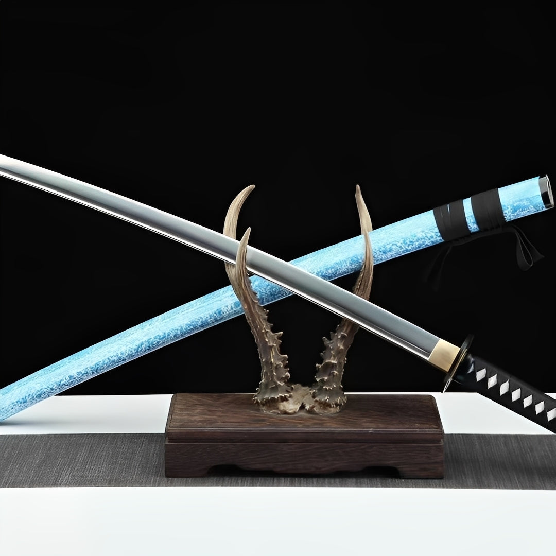 Ice katana complete set with cyan crackle saya, black handle, antler stand, and dark wood base