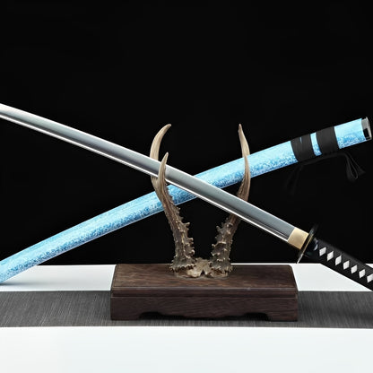 Ice katana complete set with cyan crackle saya, black handle, antler stand, and dark wood base