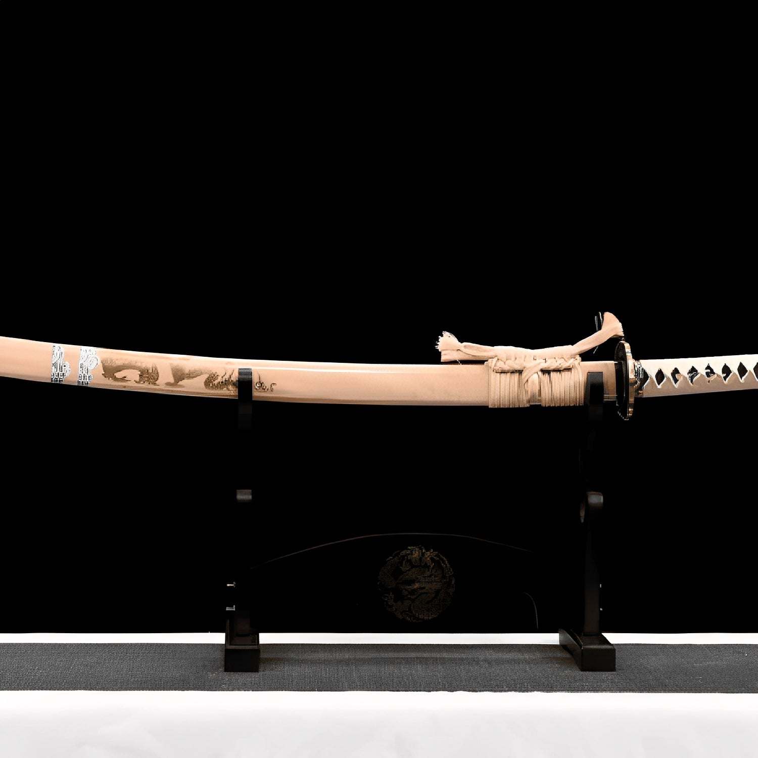 Imperial katana complete set with cream saya, chrysanthemum guard, cream handle, and black stand with dragon mon