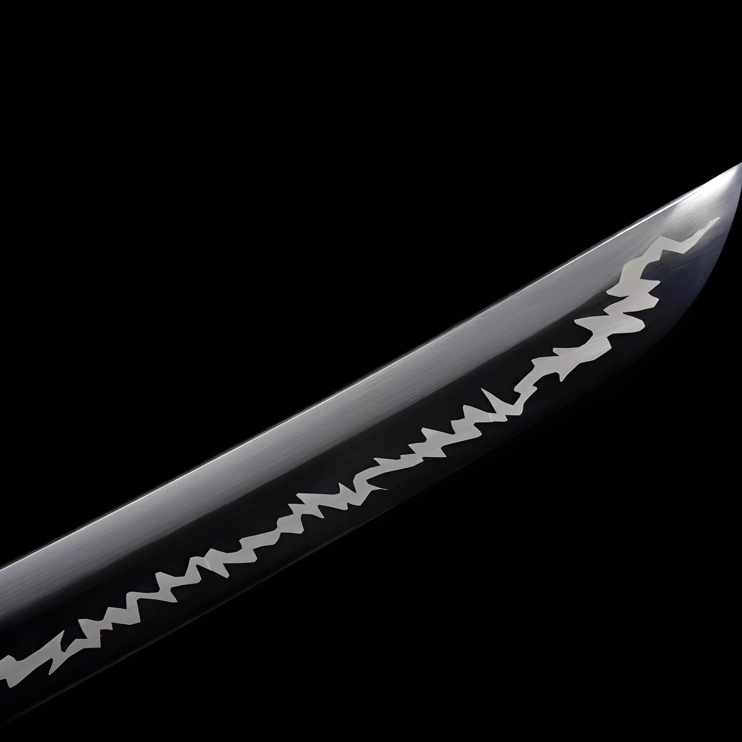 Kurojin Raikiba katana blade detail showing geometric crystalline white lightning bolts against black steel finish