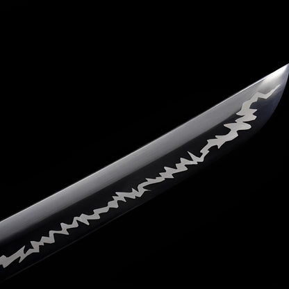 Kurojin Raikiba katana blade detail showing geometric crystalline white lightning bolts against black steel finish