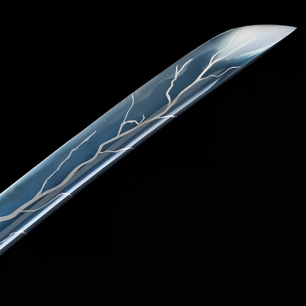 Lightning katana blade detail showing dimensional white lightning bolts branching across deep blue finish on 1060 carbon steel with bo-hi