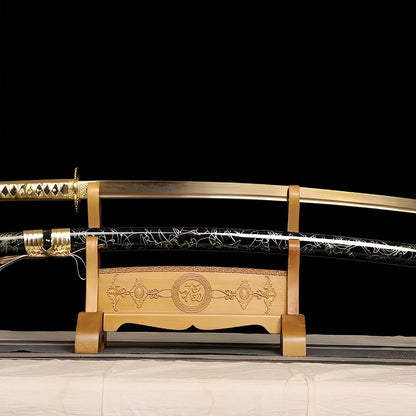 Luxury gold katana complete set with crackle saya, fan guard, gold handle, and Fortune kanji stand