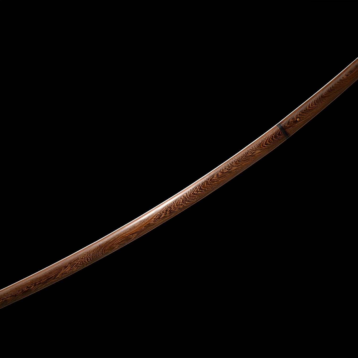 Mokuro Kageuchi katana saya detail showing natural rosewood grain flowing along the scabbard length with iron koiguchi fitting