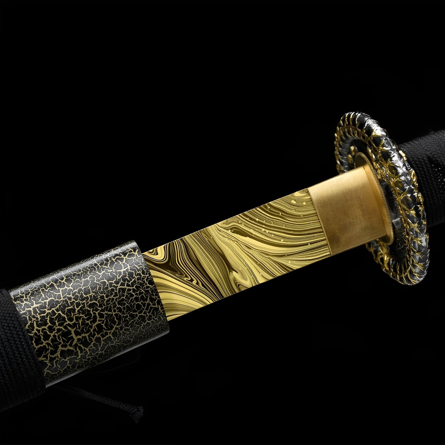 Molten Gold Katana close-up showing golden damascus swirl pattern on blade, dual-tone gold-silver dragon tsuba, brass habaki, and black ito with golden menuki