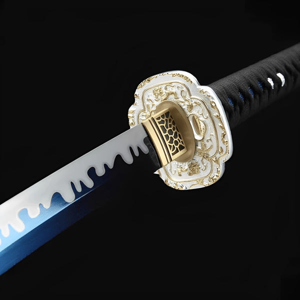 Nightwater katana blade detail showing three-dimensional white tidal drips flowing from blue section onto polished silver steel