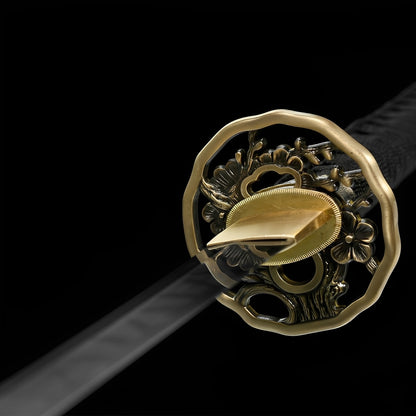 Premium Imperial katana complete set with dragon-koi saya, horn fittings, gold tsuba, and gold-trimmed stand
