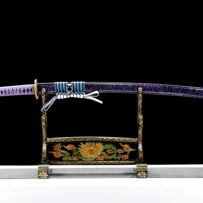 Purple galaxy katana complete set with cosmic saya, dragon guard, lavender handle, and gold-trimmed stand