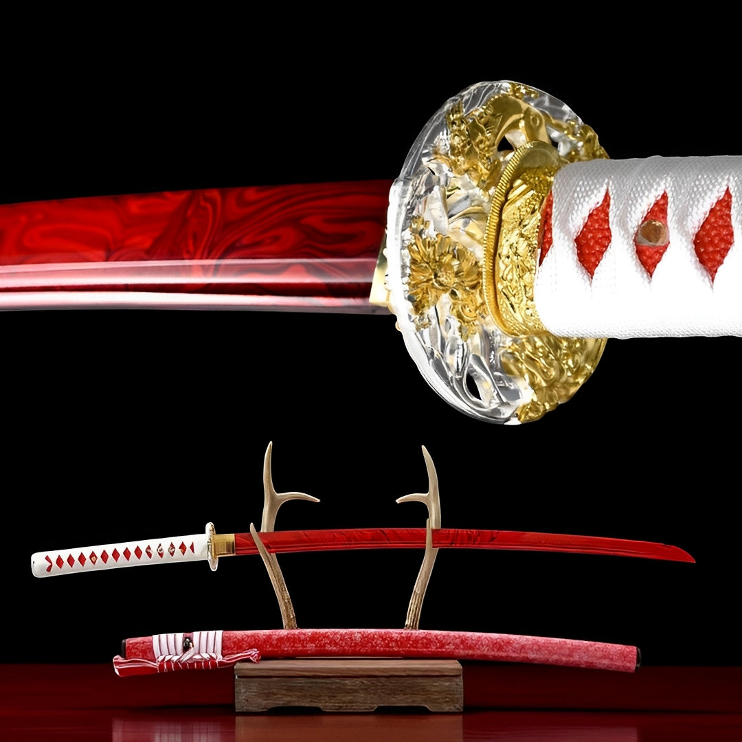 Discover the spirit of power with this red blade katana forged in fiery elegance