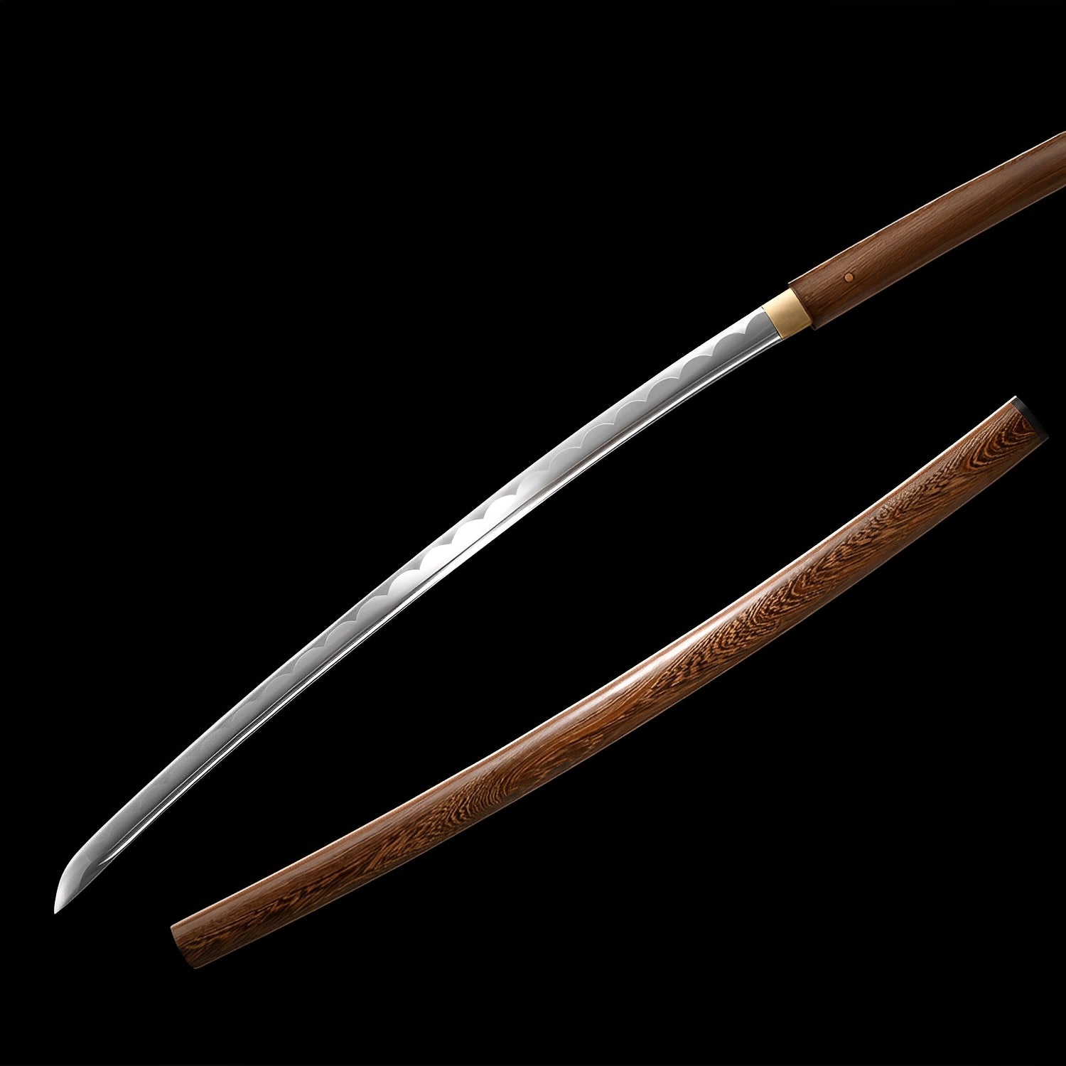 Shadow wood katana complete set with rosewood saya, rosewood handle, minimal iron fittings, and black-gold display stand