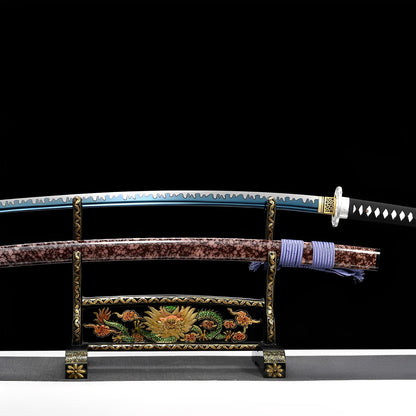 Tectonic katana complete set with dual saya, glacial blue and copper crackle — chrome guard, and gold-trimmed stand