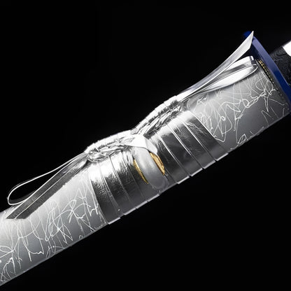 Thunder storm katana complete set with blue lightning saya, white aftermath saya, blue guard, black-white handle, and gold-trimmed dragon stand