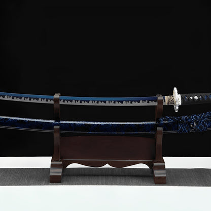 Tidal drip katana complete set with navy saya, chrome guard, black-blue handle, and simple wood stand