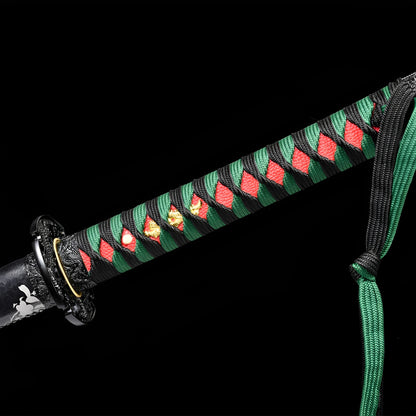 White river katana complete set with sakura saya, multi-color Tachi handle, blue blade, and black-gold display stand