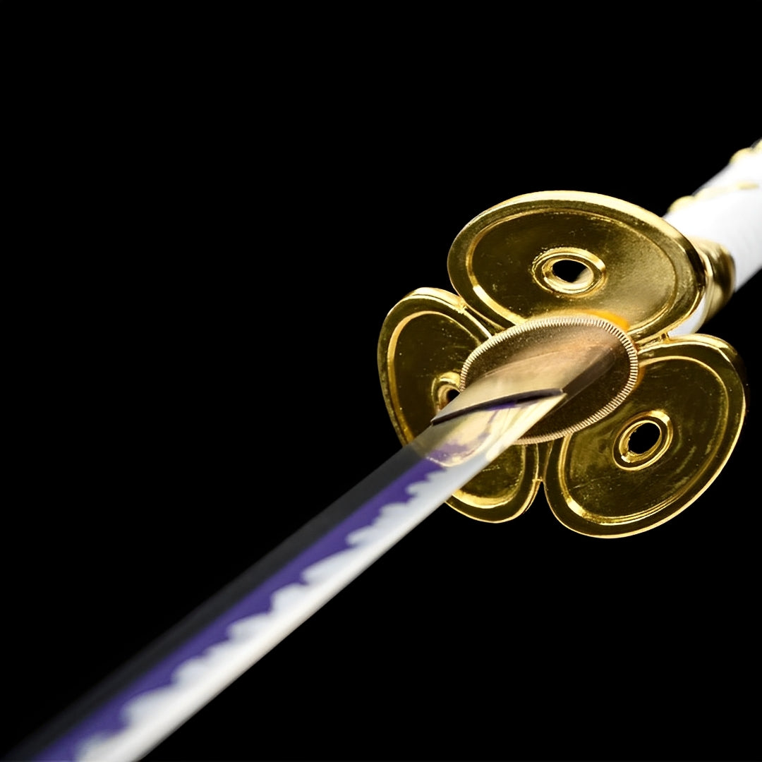 Ame no Habakiri katana with a gold-colored three-lobed guard and violet blade