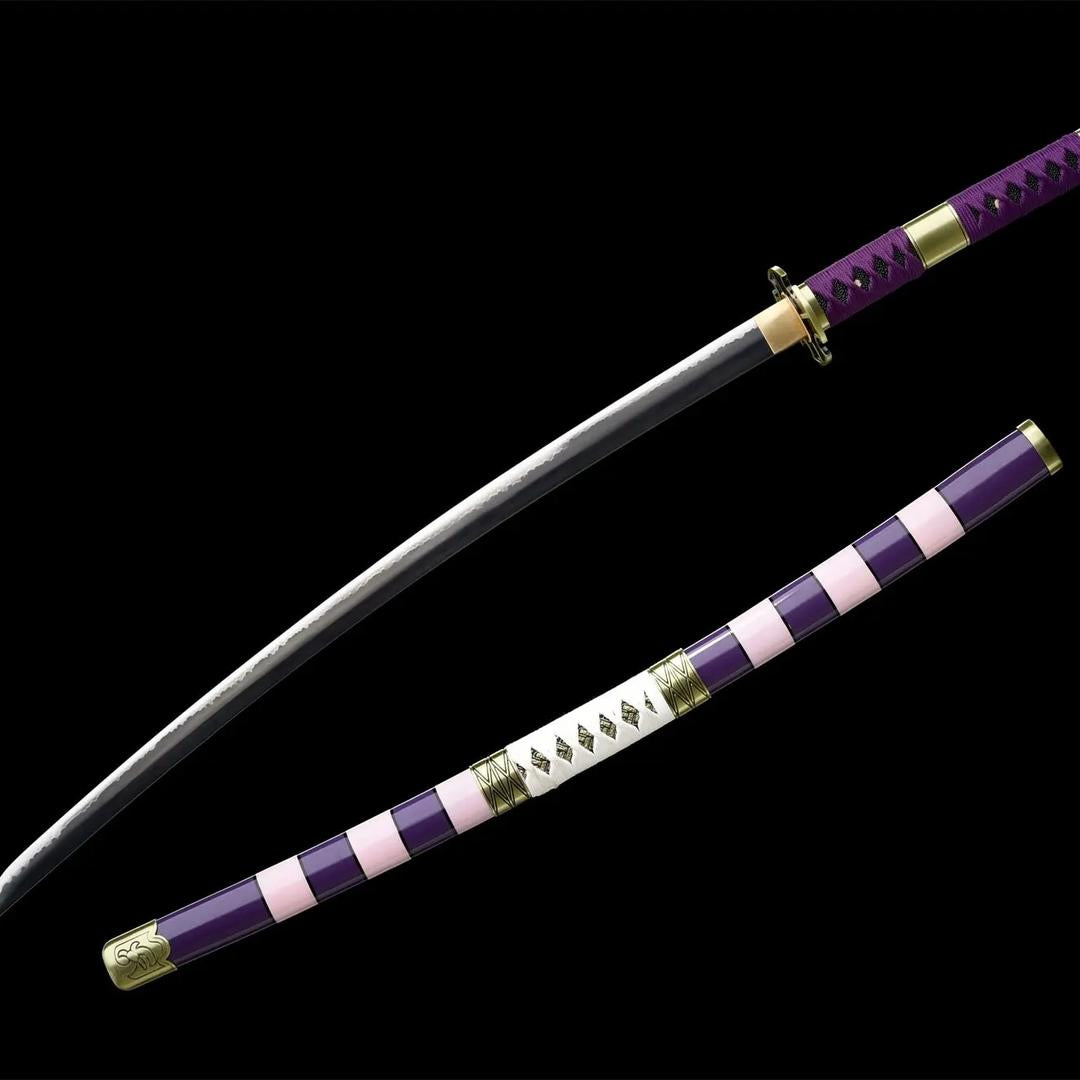 Nidai Kitetsu katana and purple striped scabbard shown diagonally
