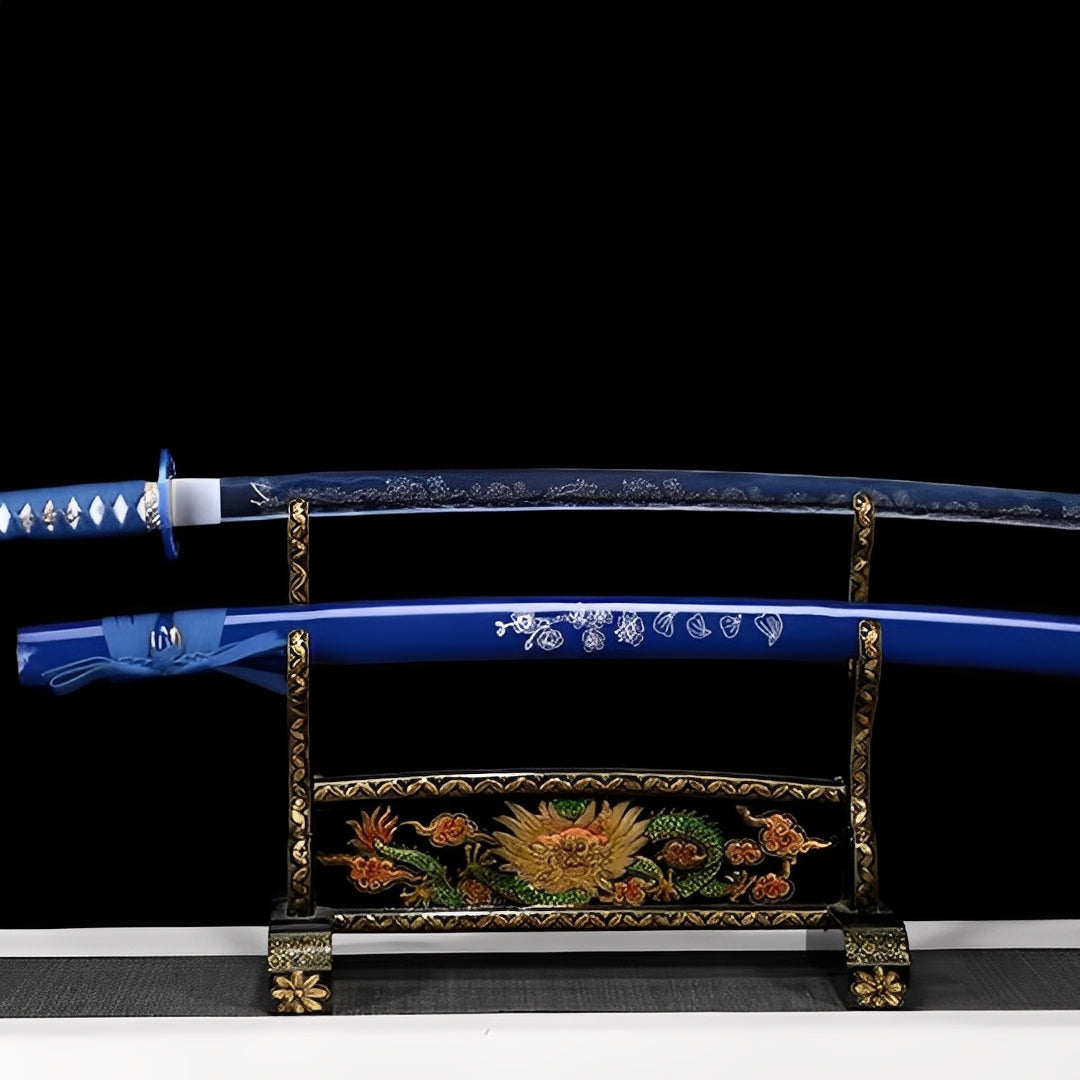 Cherry blossom katana complete set with translucent blue guard, blue saya, blue handle, and gold-trimmed stand