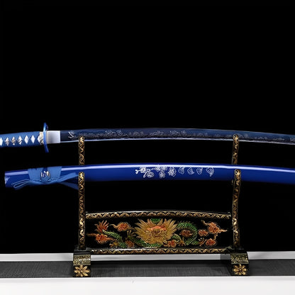 Cherry blossom katana complete set with translucent blue guard, blue saya, blue handle, and gold-trimmed stand