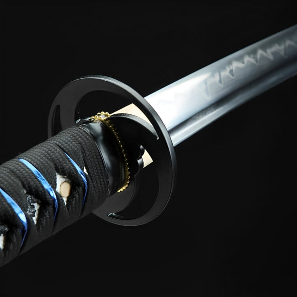 Cyberpunk katana close-up showing polished blade with visible real hamon, black iron crescent tsuba, gold habaki, and black cotton ito with blue rayskin diamonds