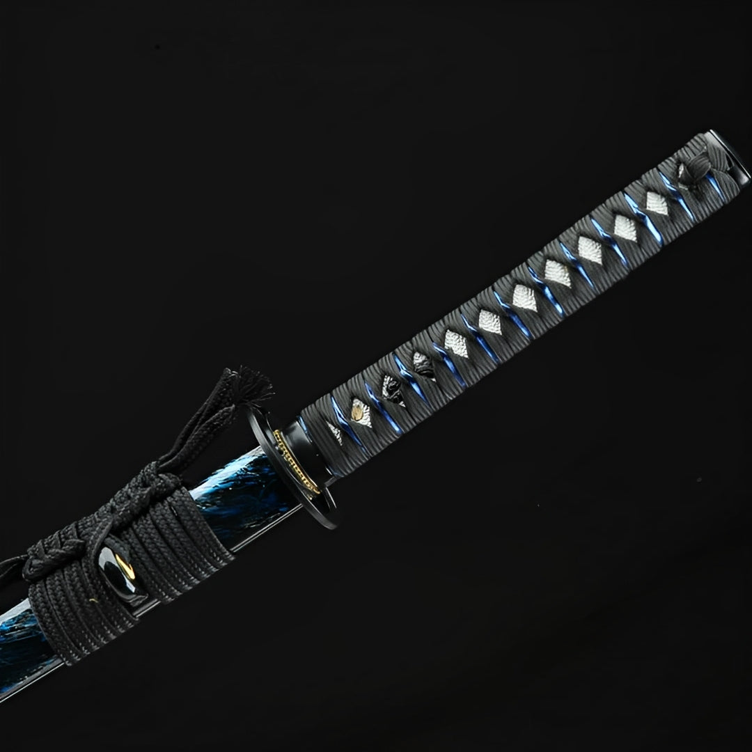 Cyberpunk katana black handle beside its blue-and-white saya