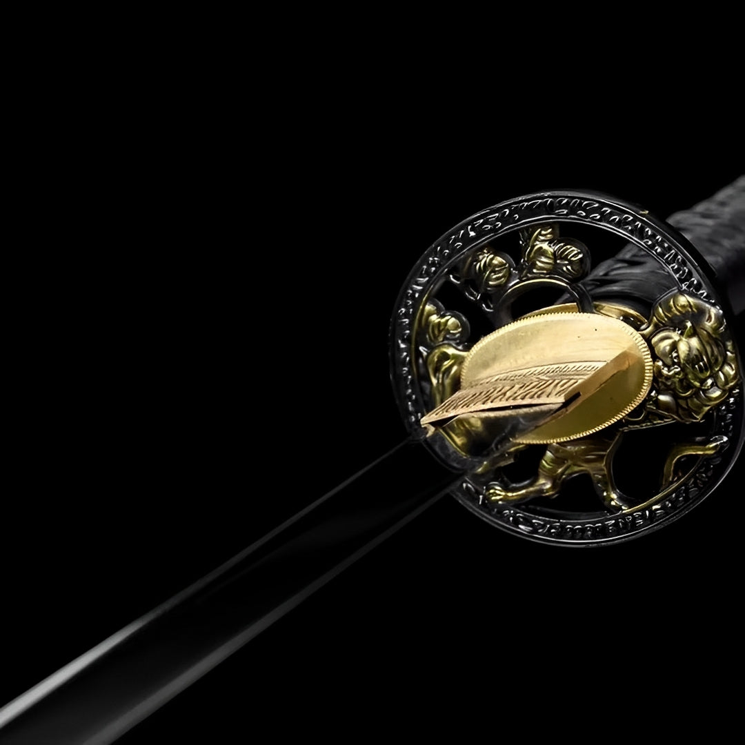 Dark relief guard and brass collar on the Full Black katana