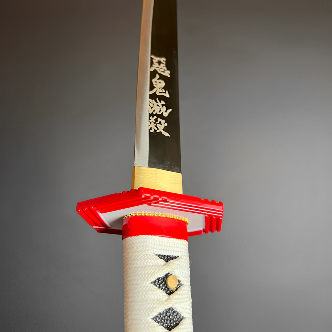 Japanese lettering on the dark blade section above Giyu’s red hexagonal guard