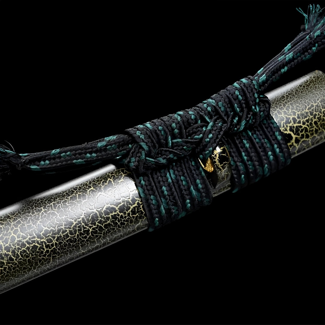 Teal wrapping and cord beside the silver crackle Harugasumi saya