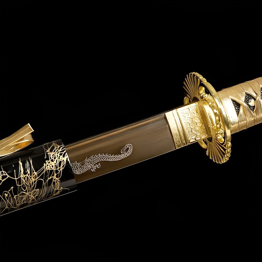 Gold Katana blade and black scabbard with gold-colored details