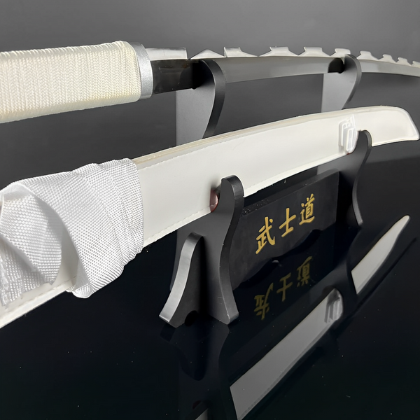 Inosuke dual blades Demon Slayer crossed on black stand with white saya and black handles