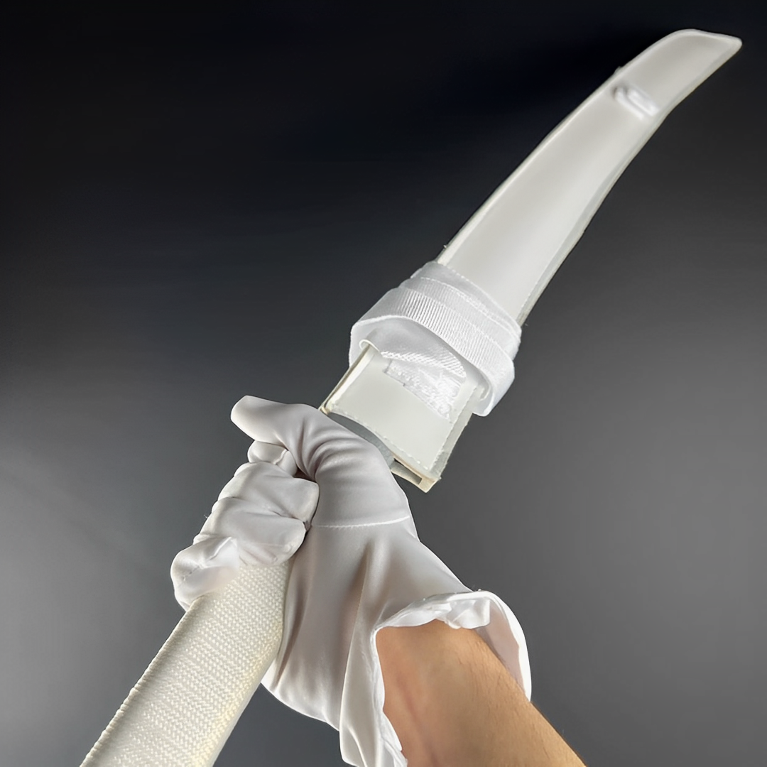 White-wrapped Inosuke katana handle and matching white sheath