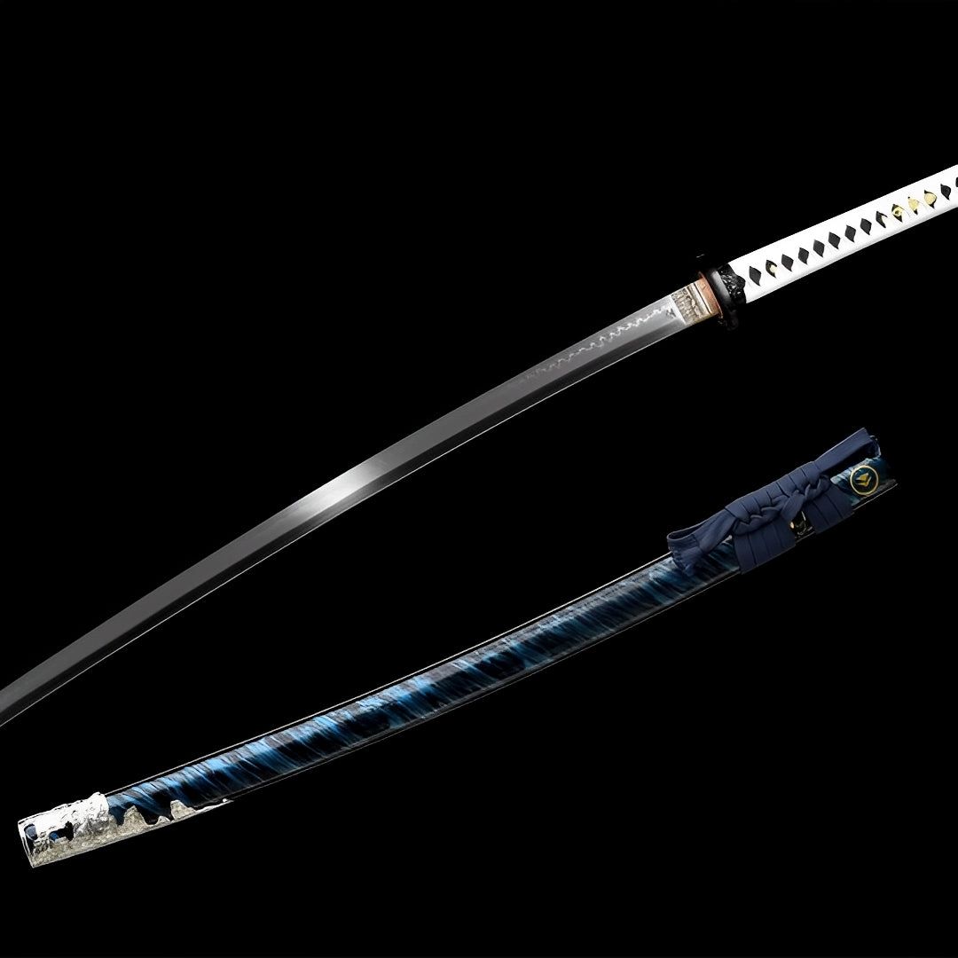 Jin Sakai katana with a white handle beside its blue patterned scabbard