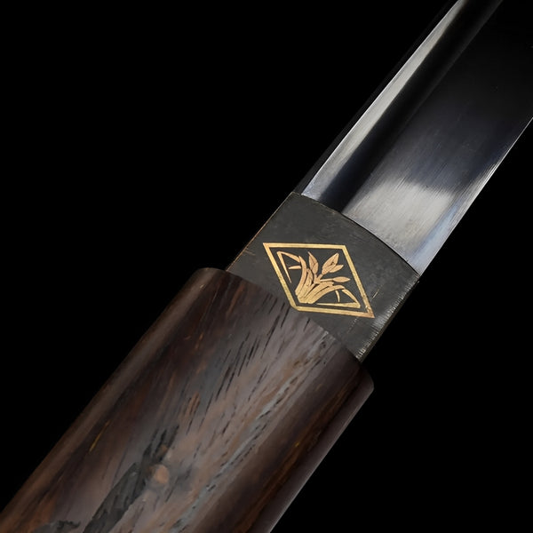 Kagehana Ninjato close-up showing straight manganese steel blade, brass diamond-pattern tsuba, and rosewood handle with carved dragon relief