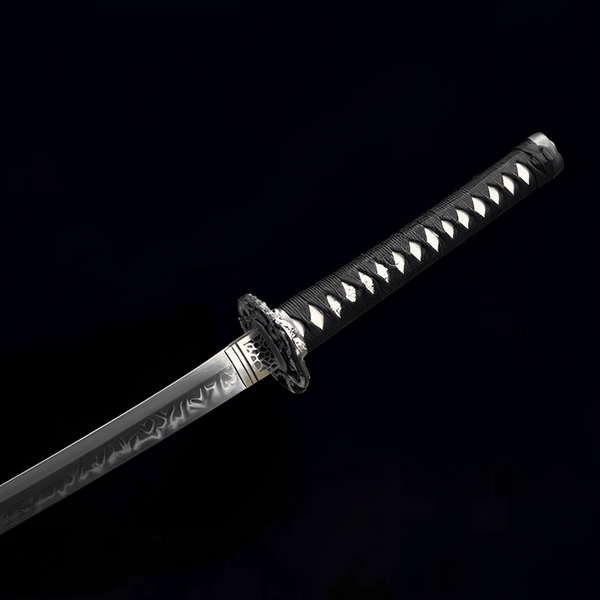 Ouryu Katana (T10 Damascus Steel & Genuine Hamon) - full set on display