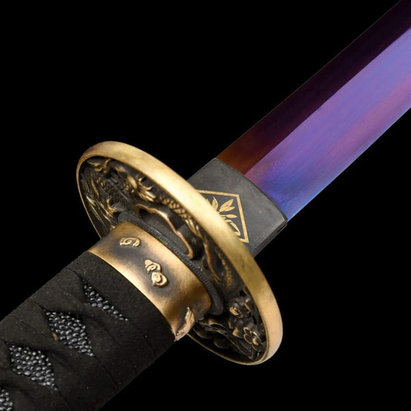 Purple gradient blade katana manganese steel with habaki diamond crest and copper relief tsuba