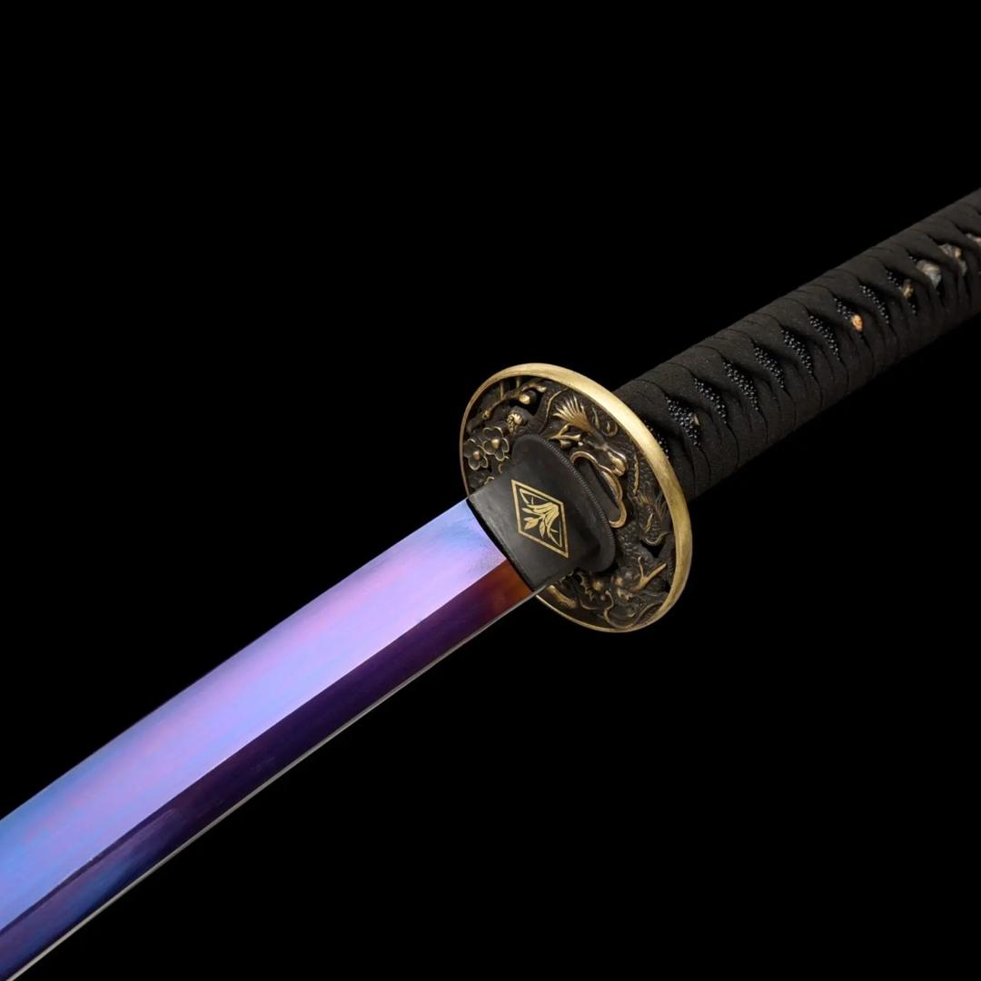 Violet-blue Purple Blade katana with a dark handle and copper guard
