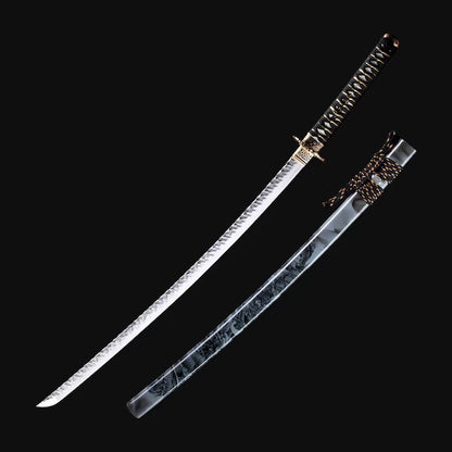 White Damascus katana complete set with dragon-engraved saya, bronze fittings, and red display stand