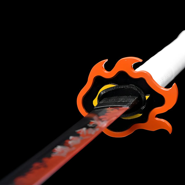 Rengoku sword 1060 carbon steel blade detail showing red flame pattern and silver kanji engravings