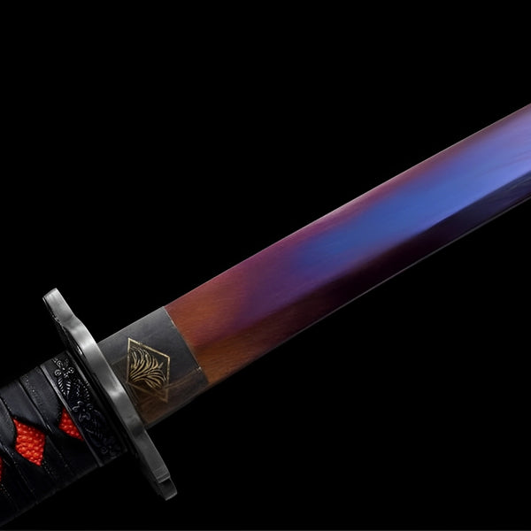 Sekiro katana T10 steel purple blade with heat-treated twilight gradient finish and curved geometry