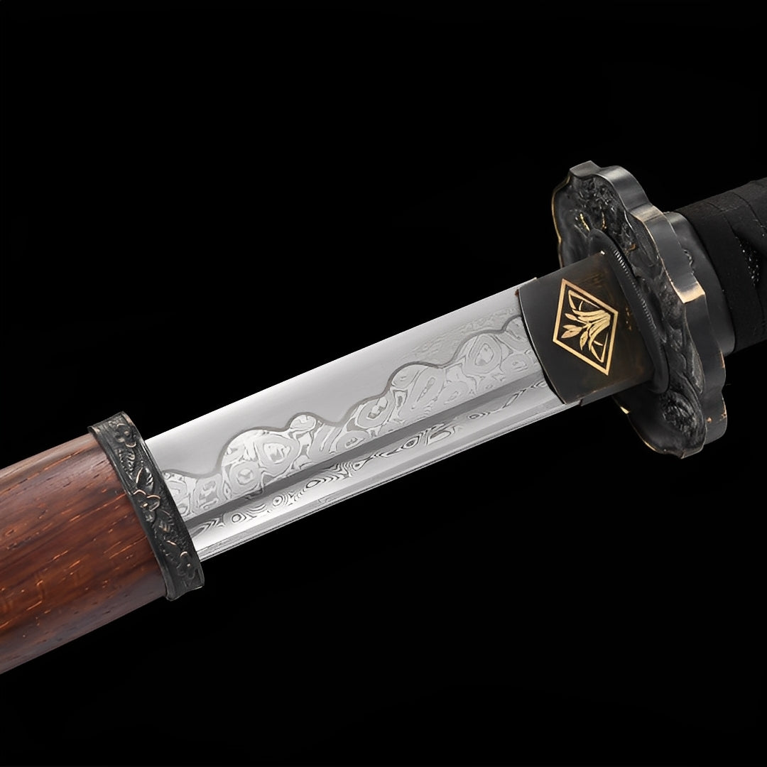 Ronin Wood Damascus blade with a rosewood saya and dark guard