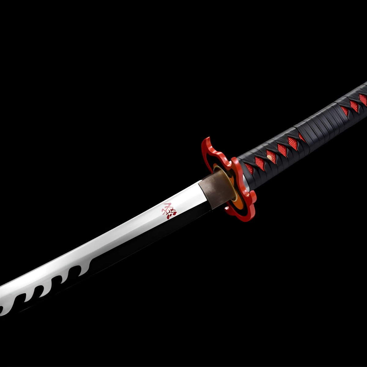 Polished silver Tanjiro katana blade with red kanji near the guard