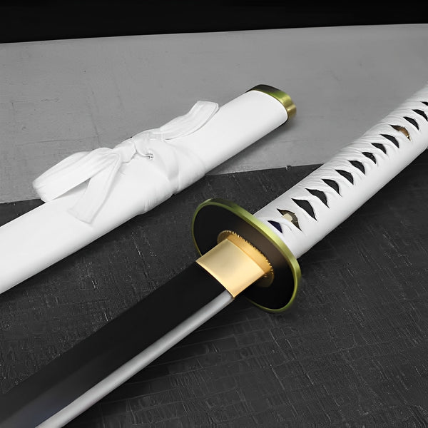 Wado Ichimonji katana 1060 carbon steel blade with polished finish partially drawn from white scabbard